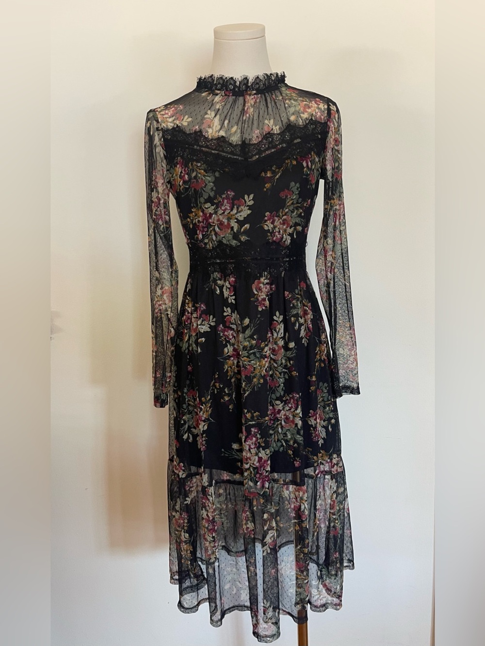 Whimsigoth Sheer Black Floral Lace-Trim Long Sleeve Midi Dress Dark Romantic